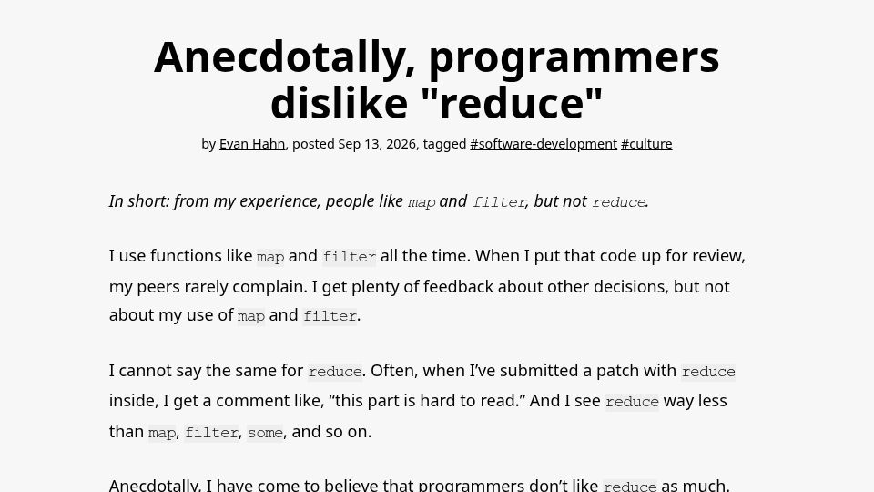 Screenshot of evanhahn.com: Anecdotally, programmers dislike "reduce"