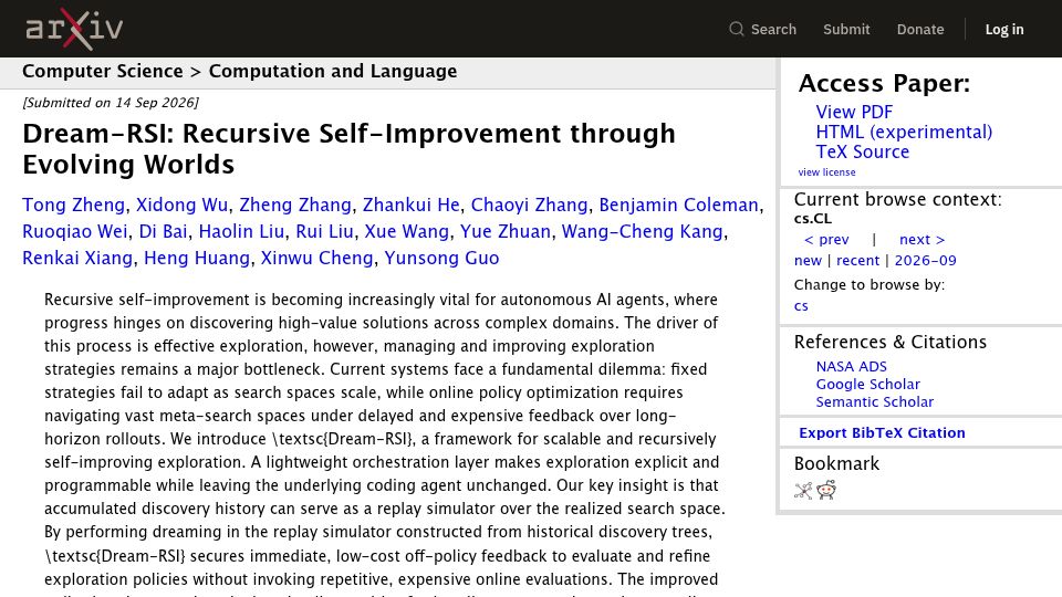 Screenshot of arxiv.org: Dream-RSI: Recursive Self-Improvement through Evolving Worlds