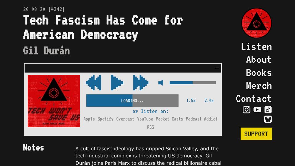 Screenshot of techwontsave.us: Tech Fascism Has Come for American Democracy