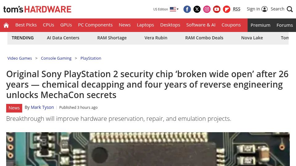 Screenshot of tomshardware.com: Original Sony PlayStation 2 security chip 'broken wide open' after 26 years