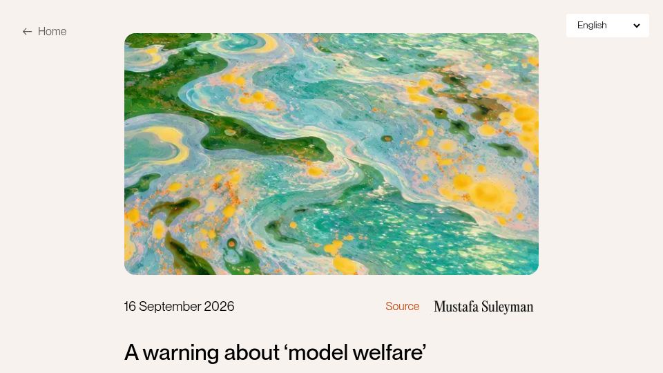 Screenshot of mustafa-suleyman.ai: A warning about 'model welfare'