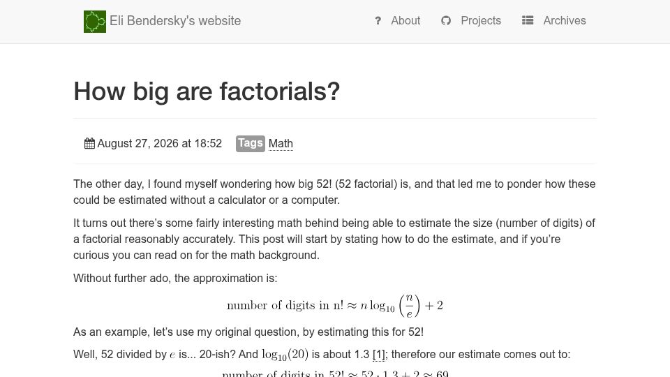Screenshot of eli.thegreenplace.net: How big are factorials?