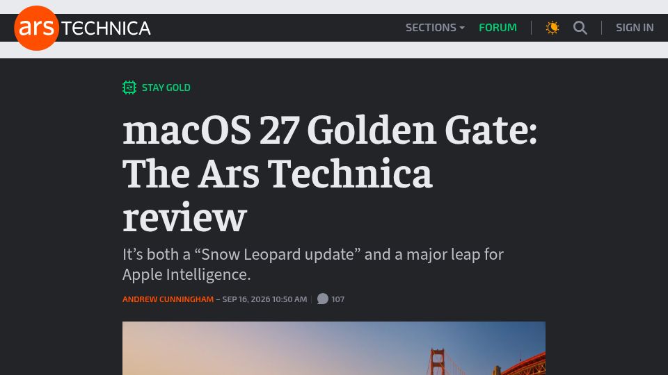 Screenshot of arstechnica.com: macOS 27 Golden Gate – Review