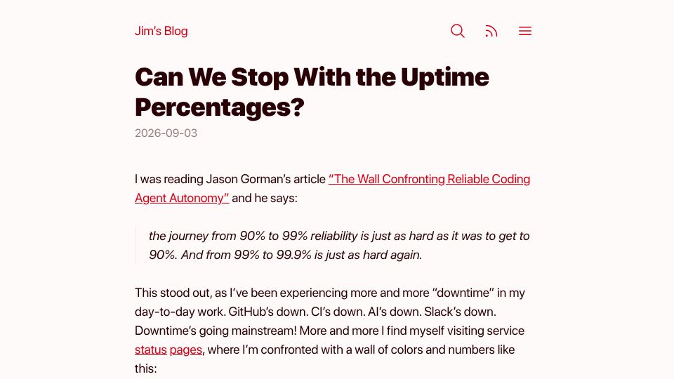 Screenshot of blog.jim-nielsen.com: Can we stop with the uptime percentages?