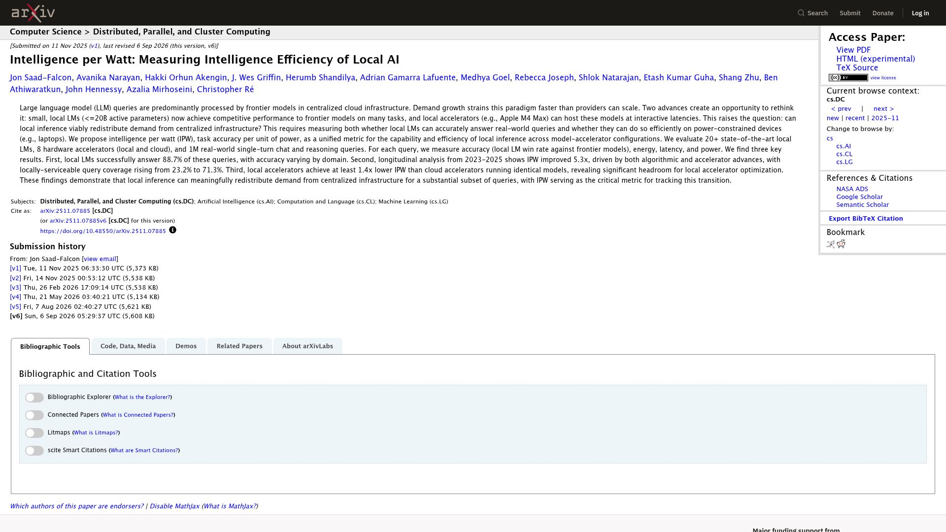 Screenshot of arxiv.org: Intelligence per Watt: Measuring Intelligence Efficiency of Local AI