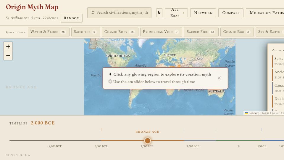 Screenshot of originmap.sunnyguha.com: An interactive world map of the stories cultures have told