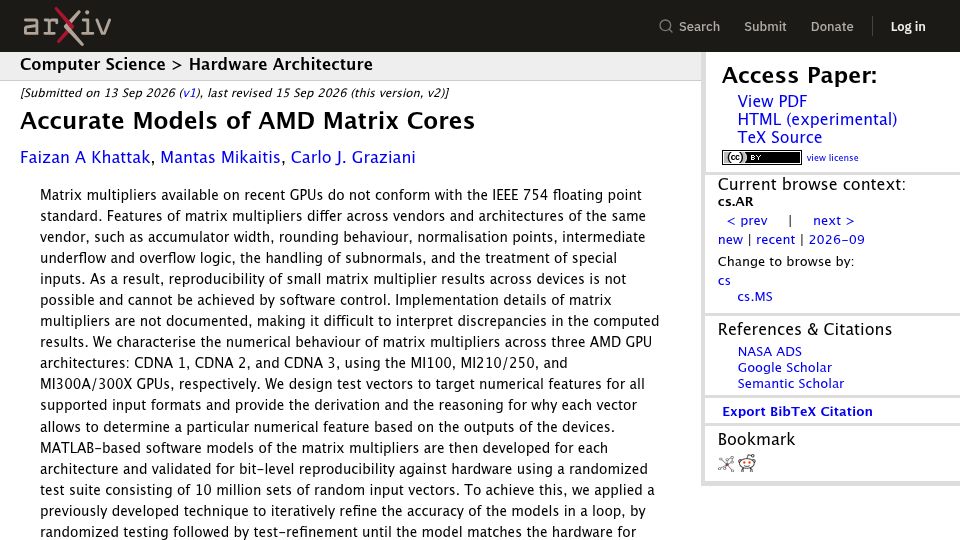 Screenshot of arxiv.org: Accurate Models of AMD Matrix Cores