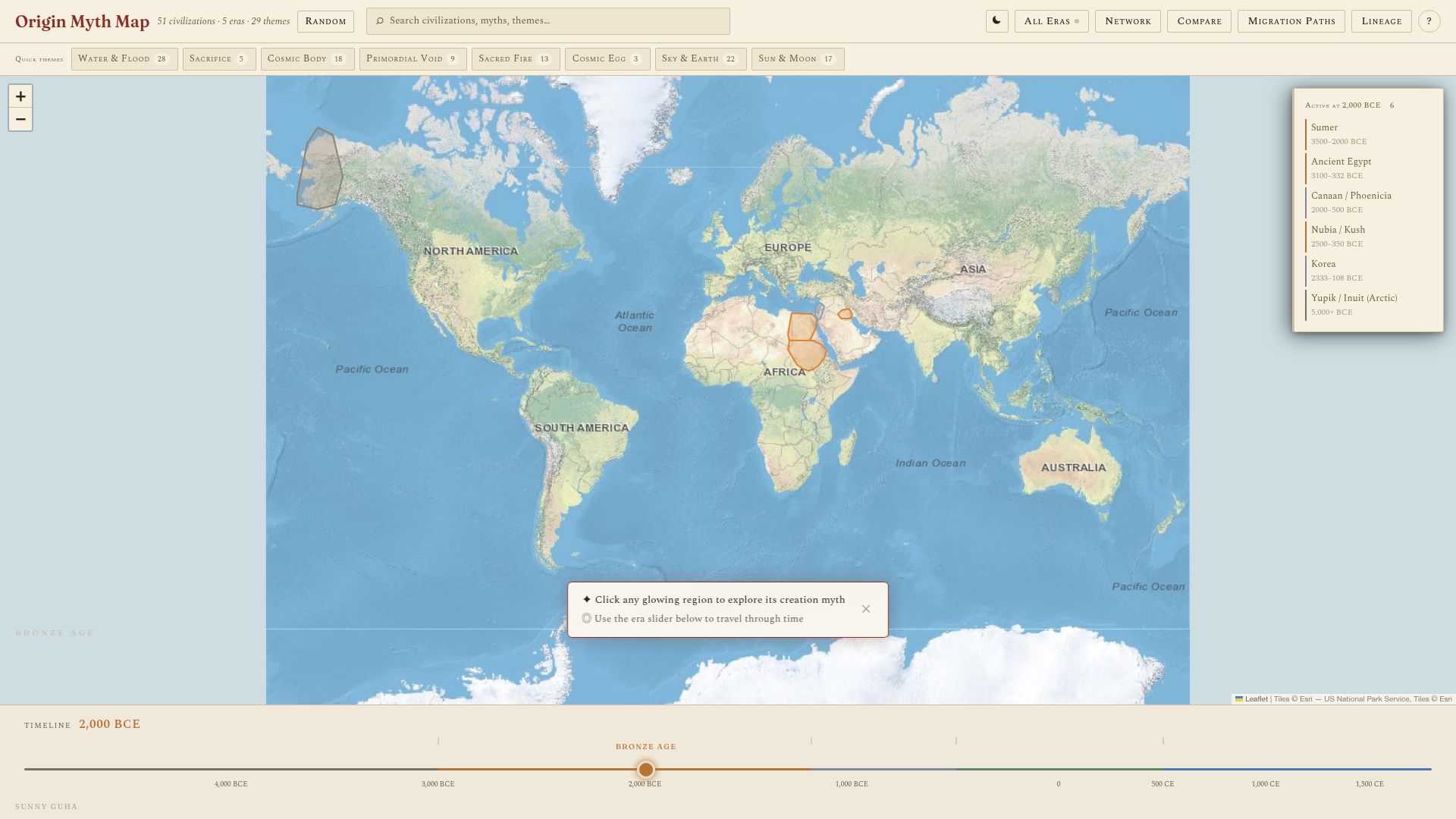 Screenshot of originmap.sunnyguha.com: An interactive world map of the stories cultures have told