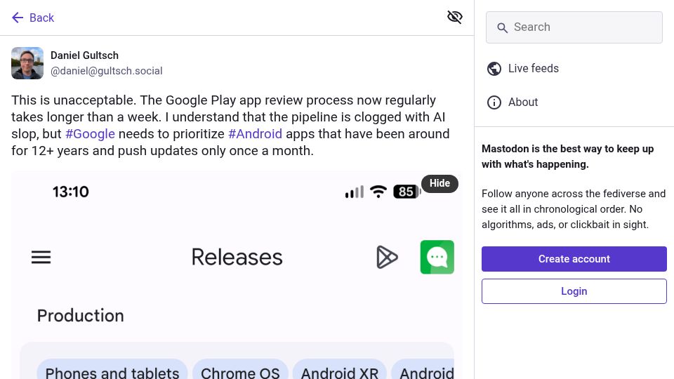 Screenshot of gultsch.social: The Google Play app review process now regularly takes longer than a week