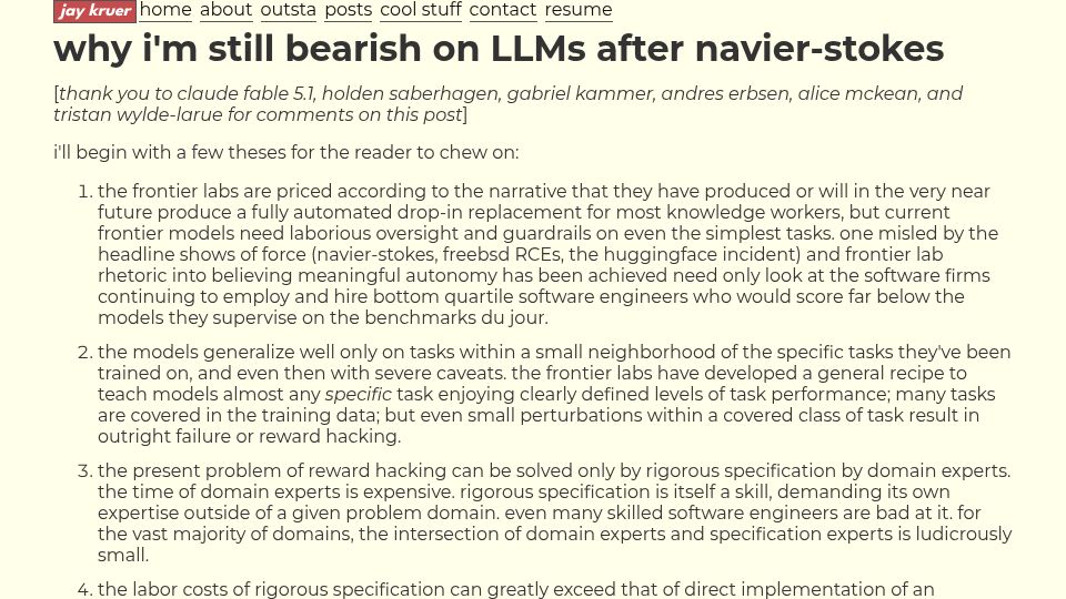 Screenshot of dank.systems: Why I'm still bearish on LLMs after Navier-Stokes