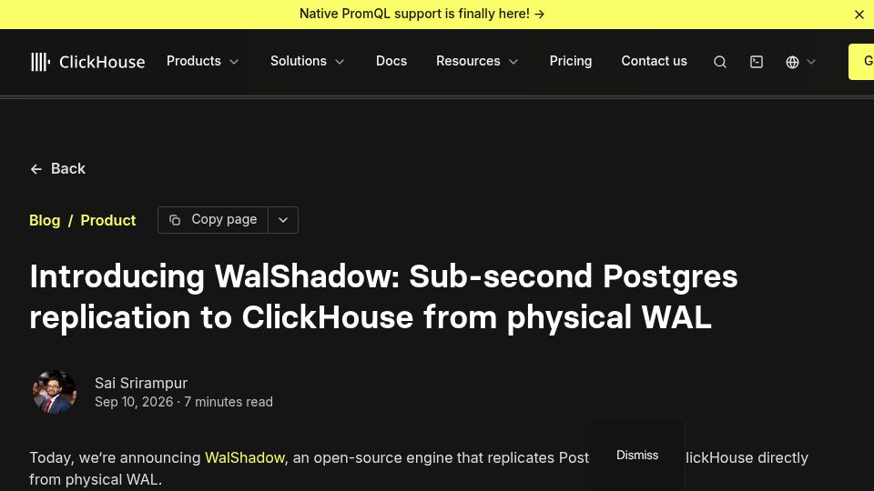 Screenshot of clickhouse.com: WalShadow: Sub-second Postgres replication to ClickHouse from physical WAL