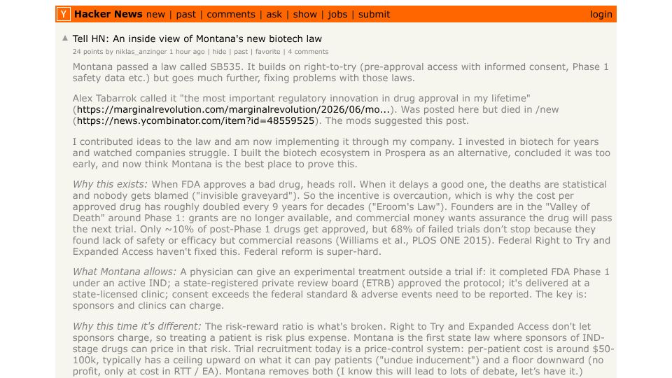 Screenshot of Hacker News post: Tell HN: An inside view of Montana's new biotech law