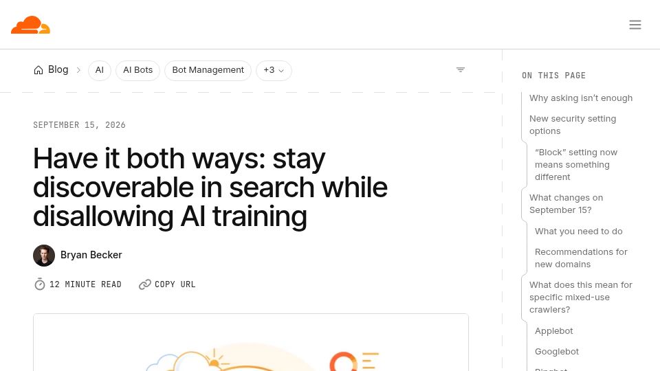 Screenshot of blog.cloudflare.com: Stay discoverable in search while disallowing AI training