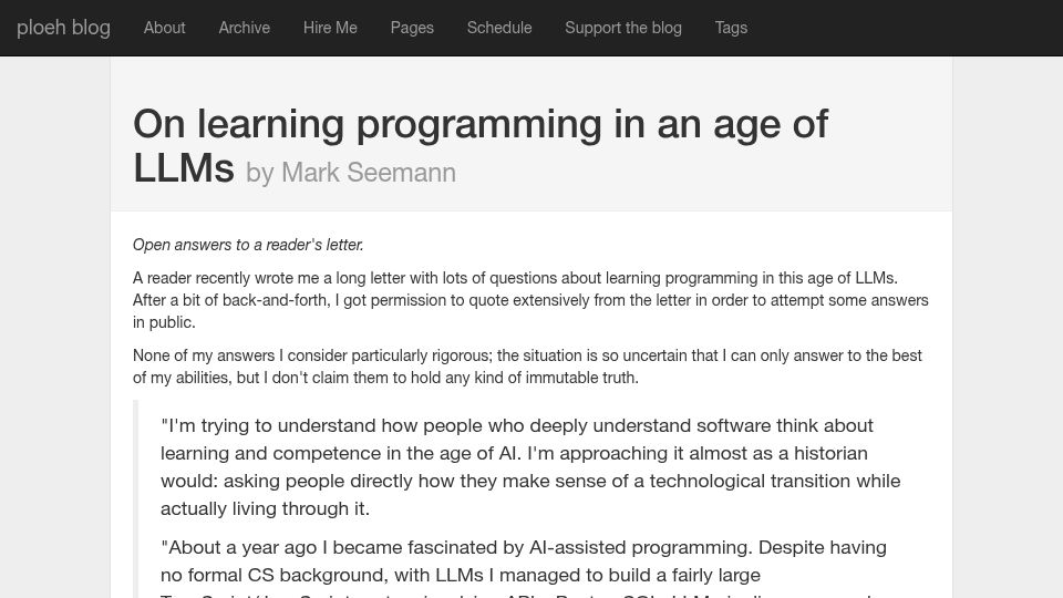 Screenshot of blog.ploeh.dk: Learning Programming in an Age of LLMs