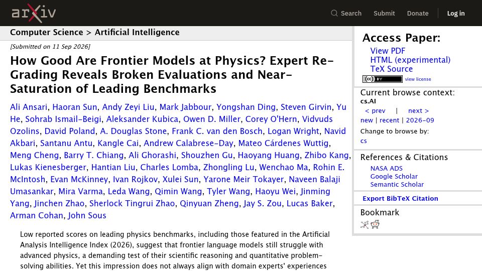 Screenshot of arxiv.org: How good are frontier models at physics?