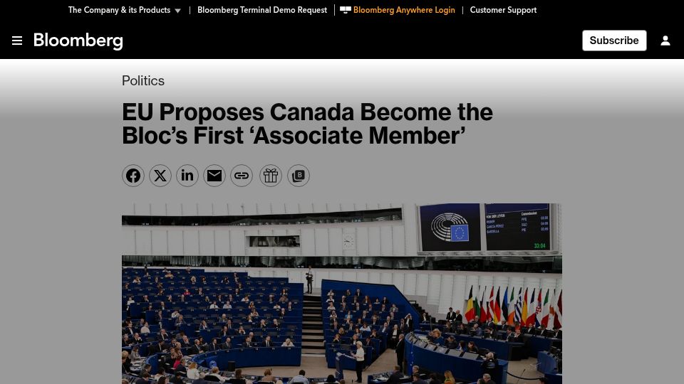 Screenshot of bloomberg.com: EU Floats Canada Becoming the Bloc's First 'Associate Member'