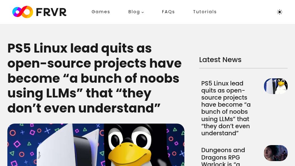 Screenshot of frvr.com: PS5 Linux lead quits: "a bunch of noobs using LLMs" that "they don't understand"