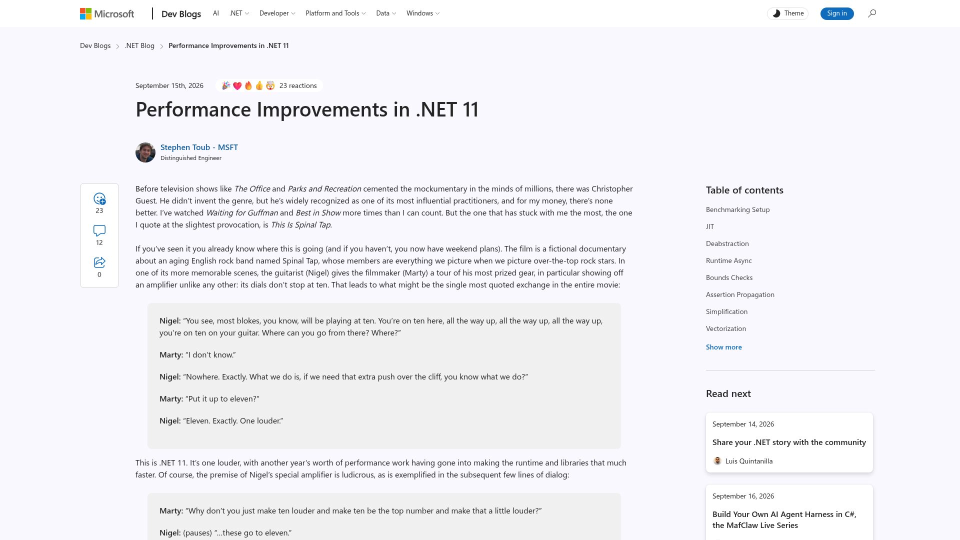 Screenshot of devblogs.microsoft.com: Performance Improvements in .NET 11