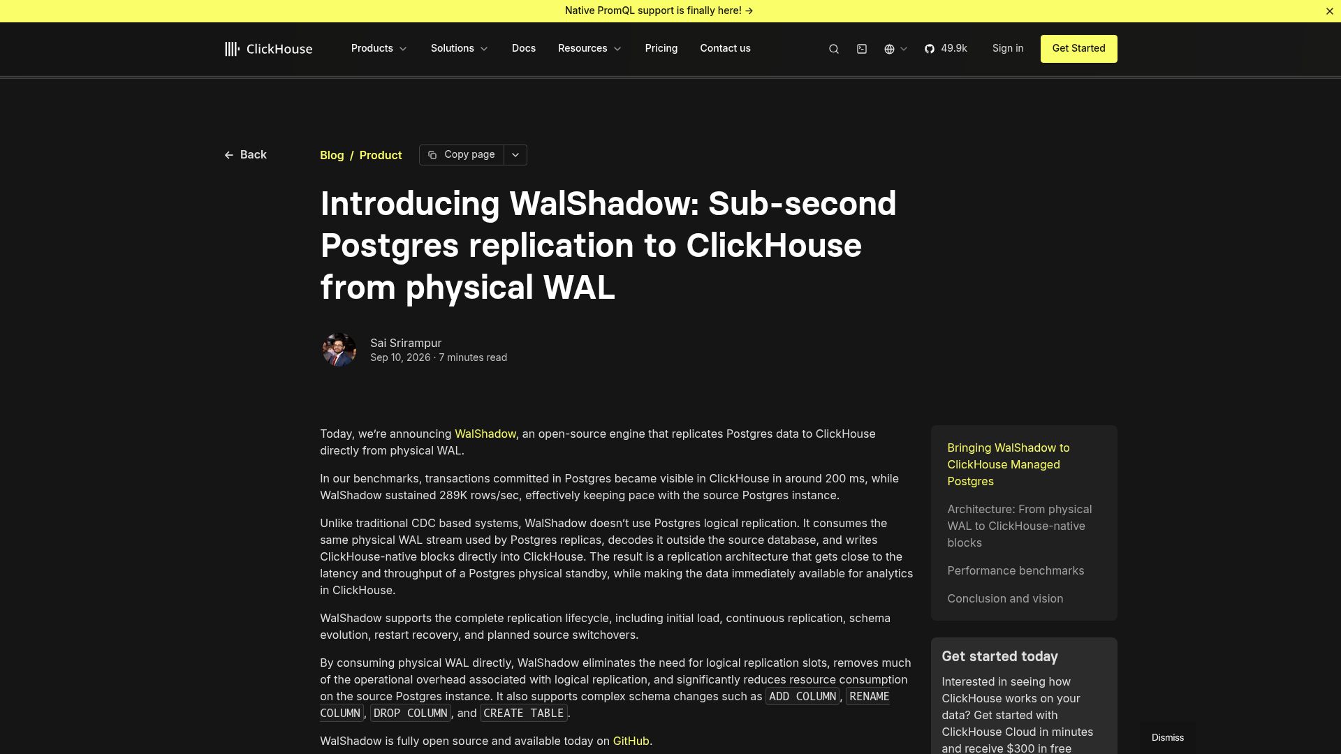 Screenshot of clickhouse.com: WalShadow: Sub-second Postgres replication to ClickHouse from physical WAL