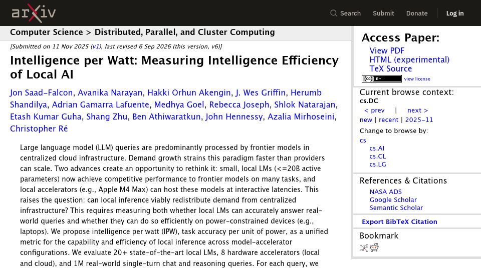 Screenshot of arxiv.org: Intelligence per Watt: Measuring Intelligence Efficiency of Local AI