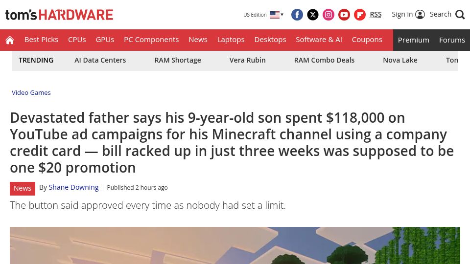 Screenshot of tomshardware.com: Devastated father says his 9-year-old son spent $118,000 on YouTube ads