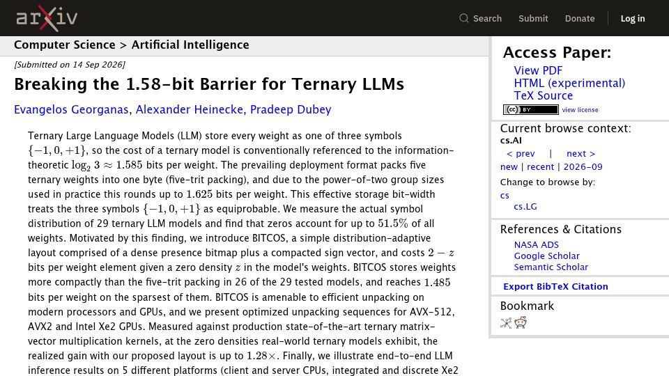 Screenshot of arxiv.org: Breaking the 1.58-bit Barrier for Ternary LLMs