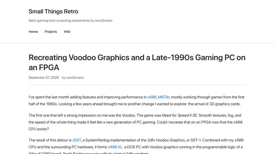 Screenshot of nand2mario.github.io: Recreating Voodoo Graphics and a Late-1990s Gaming PC on an FPGA
