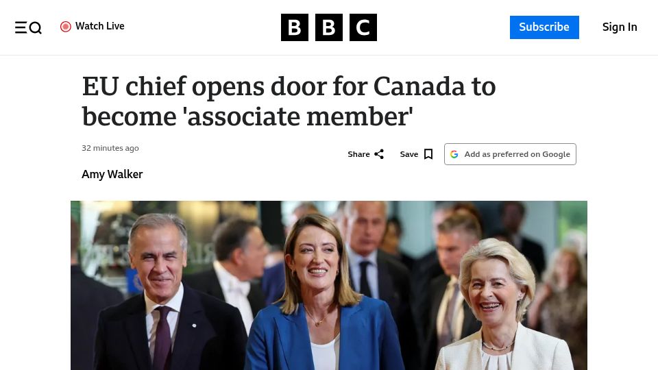 Screenshot of bbc.com: EU chief opens door for Canada to become 'associate member'