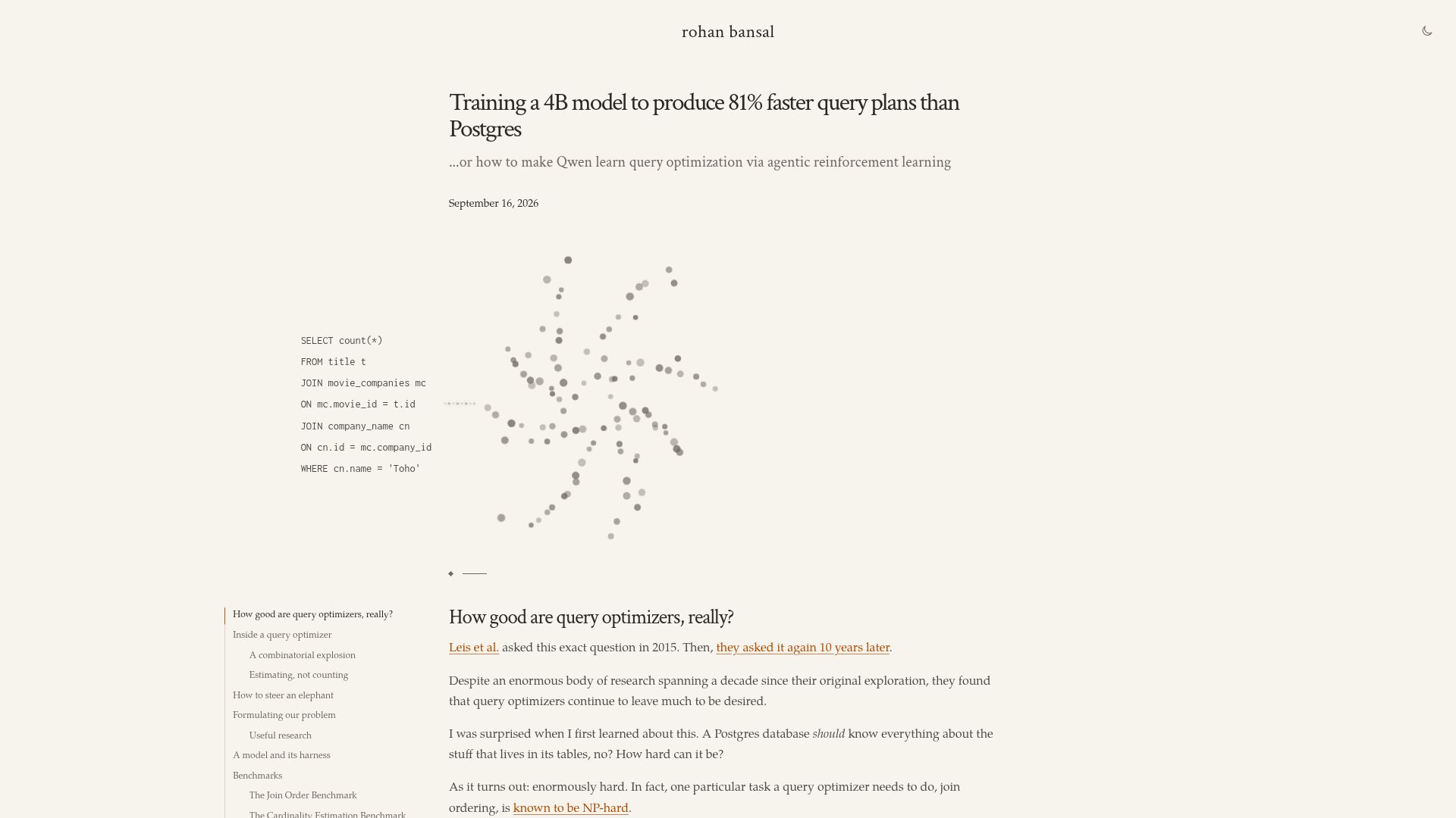 Screenshot of rohanbansal.com: Training a 4B model to produce 81% faster query plans than Postgres