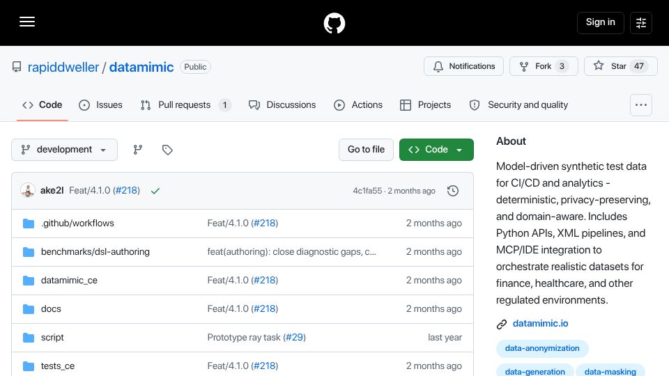 Screenshot of github.com: Datamimic – don't let your coding agent invent its own test world
