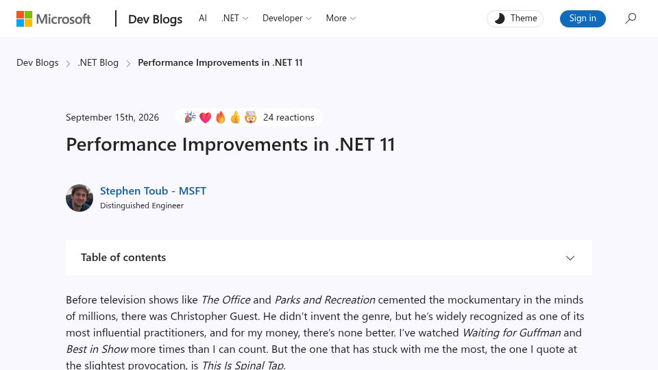 Screenshot of devblogs.microsoft.com: Performance Improvements in .NET 11
