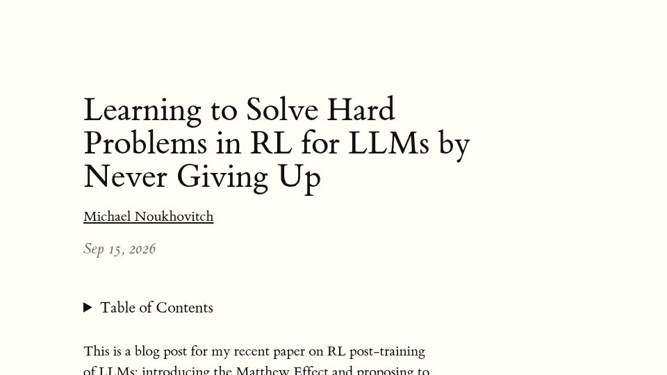 Screenshot of mnoukhov.github.io: Learning to solve hard problems in RL for LLMs by never giving up