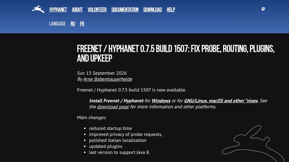 Screenshot of hyphanet.org: Better routing, probe fixes, plugin updates in Freenet/Hyphanet 0.7.5 build 1507