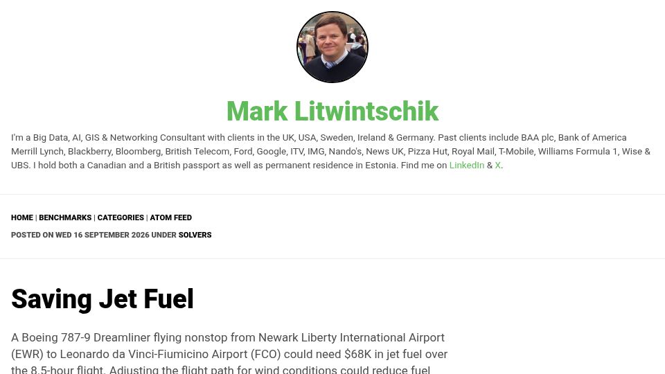 Screenshot of tech.marksblogg.com: Saving Jet Fuel