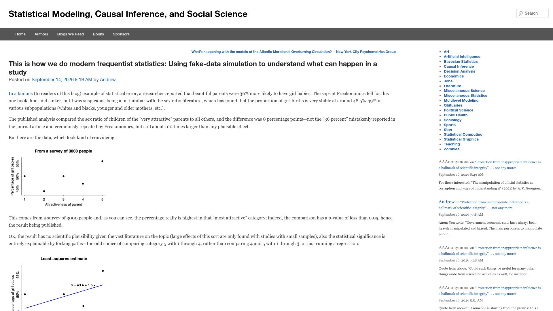 Screenshot of statmodeling.stat.columbia.edu: We do modern frequentist statistics: Using fake-data simulation