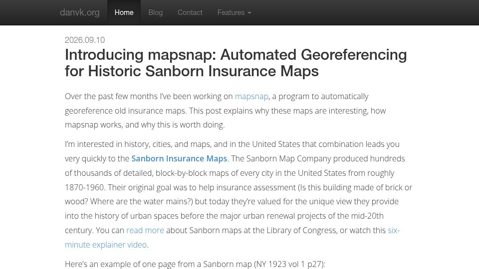 Screenshot of danvk.org: Mapsnap: Automated Georeferencing for Historic Sanborn Insurance Maps