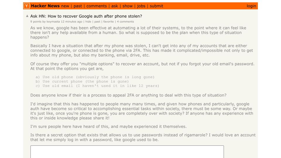 Screenshot of Hacker News post: Ask HN: How to recover Google auth after phone stolen?