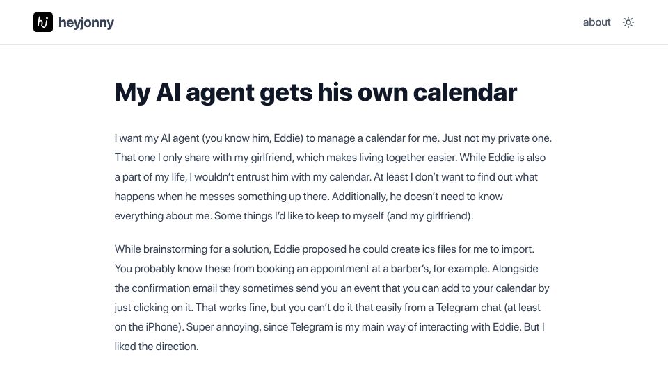 Screenshot of heyjonny.dev: My AI agent gets his own calendar