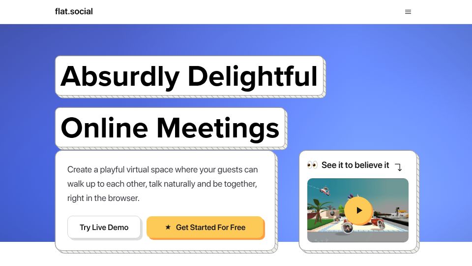 Screenshot of flat.social: Show HN: I built a new version of my fun spatial 3D online meeting app
