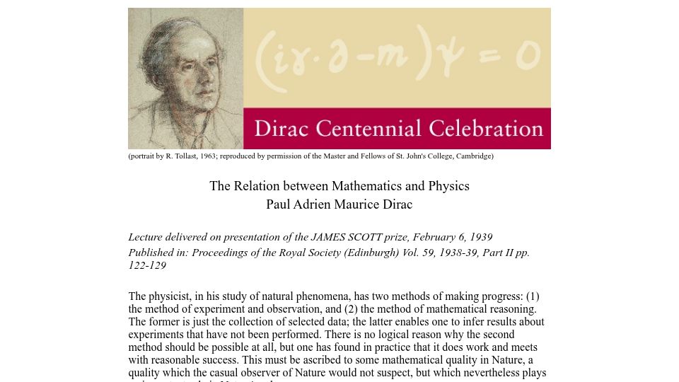 Screenshot of damtp.cam.ac.uk: The Relation Between Mathematics and Physics by Paul Dirac (1939)