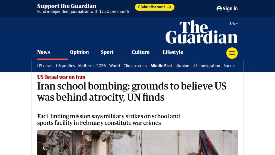 Screenshot of theguardian.com: Iran school bombing: grounds to believe US was behind atrocity, UN finds