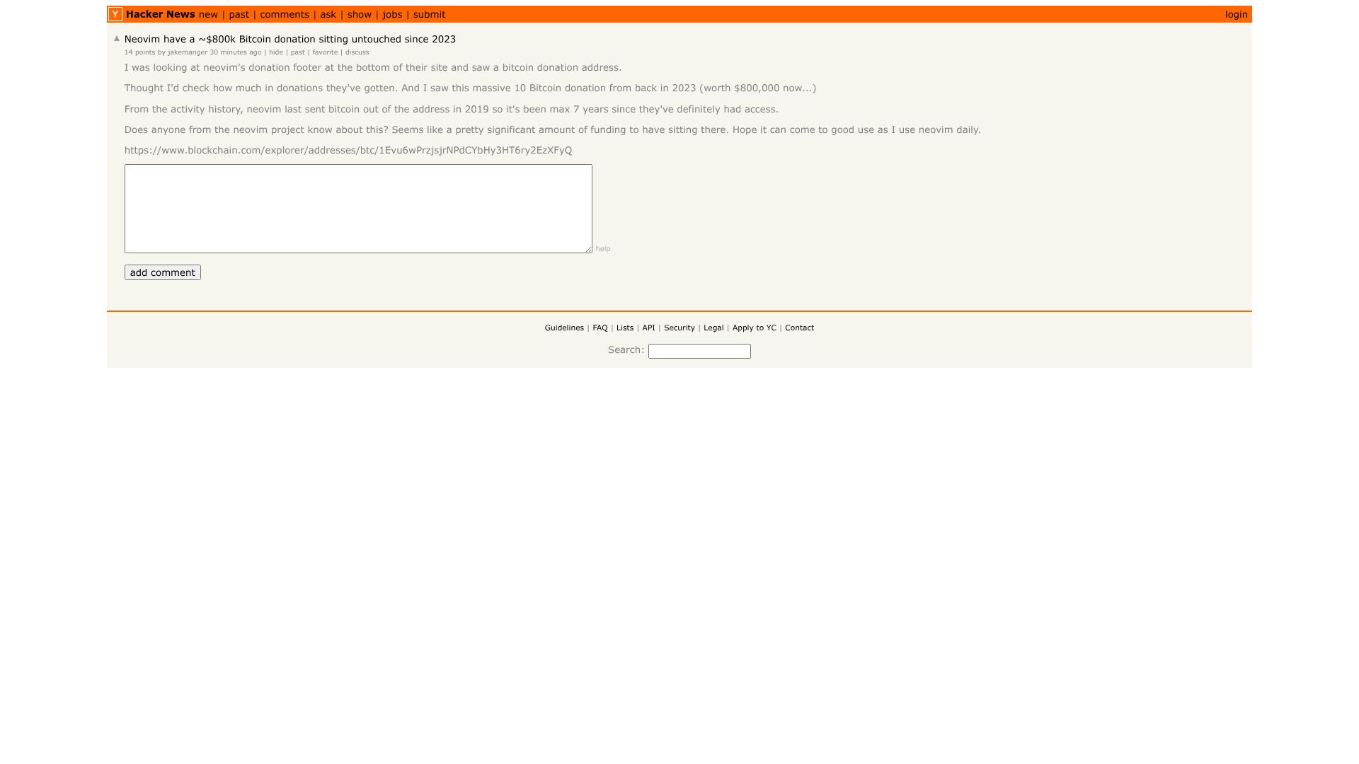 Screenshot of this Hacker News post: Neovim have a ~$800k Bitcoin donation sitting untouched since 2023