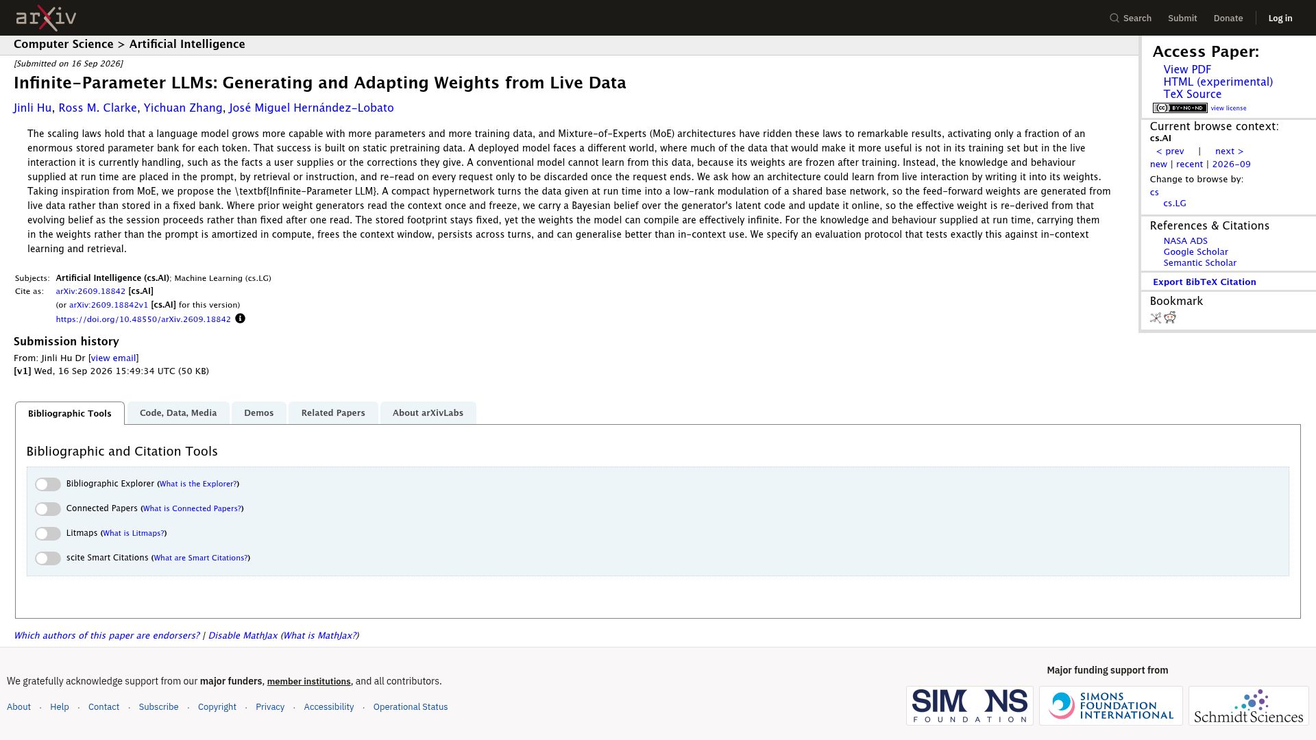 Screenshot of arxiv.org: Infinite-Parameter LLMs: Generating and Adapting Weights from Live Data
