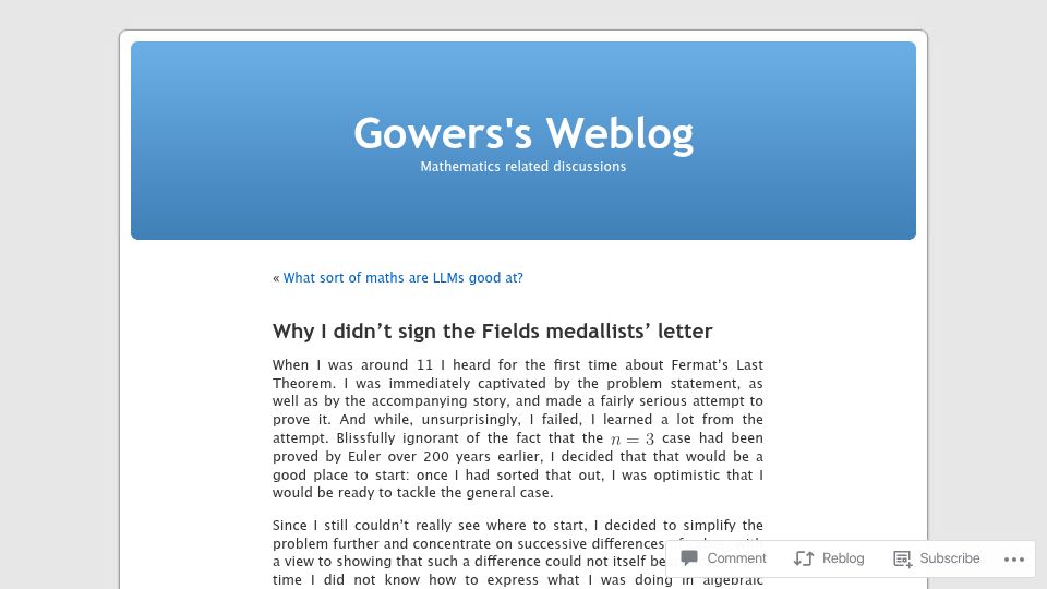 Screenshot of gowers.wordpress.com: Why I didn’t sign the Fields medallists’ letter