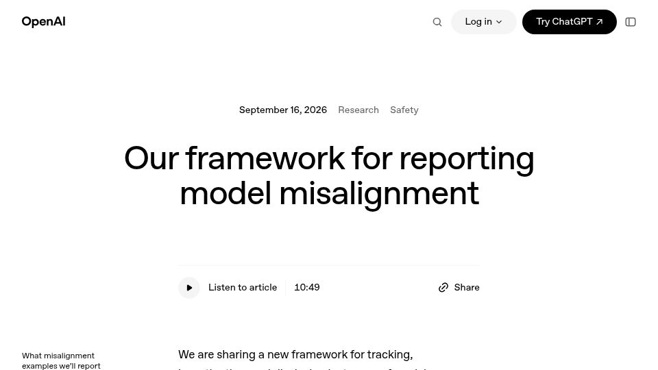 Screenshot of openai.com: OpenAI Model Misalignment Report