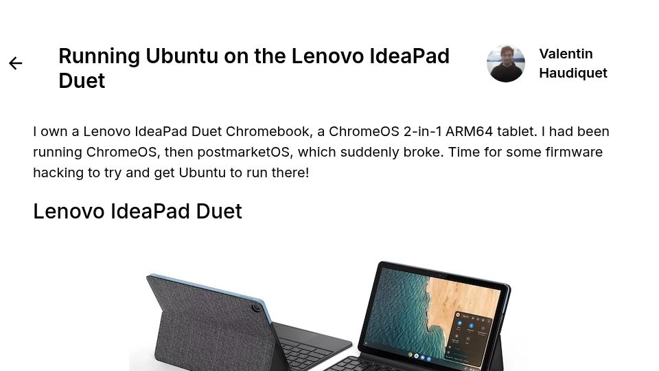 Screenshot of vhaudiquet.fr: Running Ubuntu on the Lenovo IdeaPad Duet