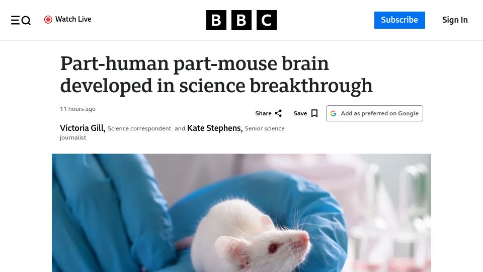 Screenshot of bbc.com: Part-human part-mouse brain developed in science breakthrough