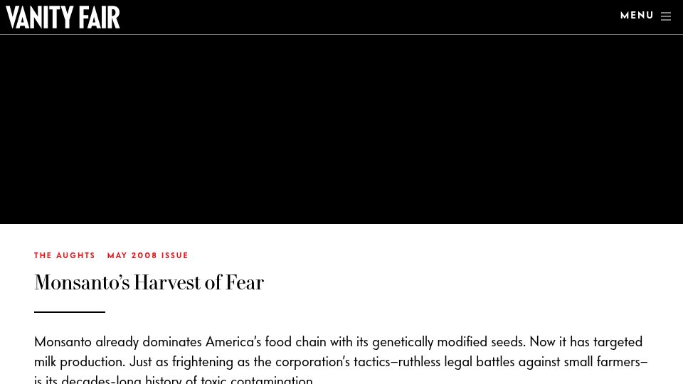 Screenshot of vanityfair.com: Monsanto's Cruel, and Dangerous, Monopolization on American Farming (2008)