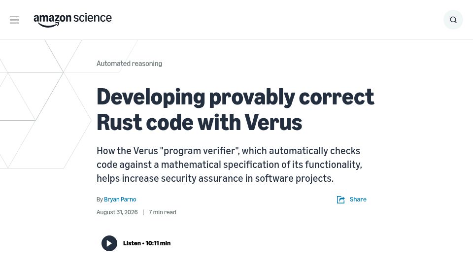 Screenshot of amazon.science: Developing provably correct Rust code with Verus