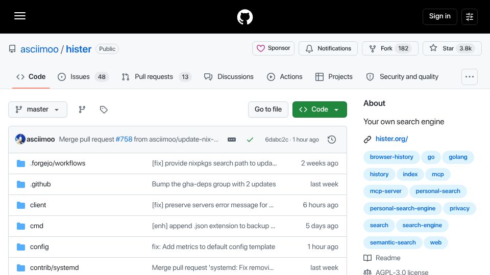 Screenshot of github.com: Hister: A private search engine for the pages you visit and the files you keep